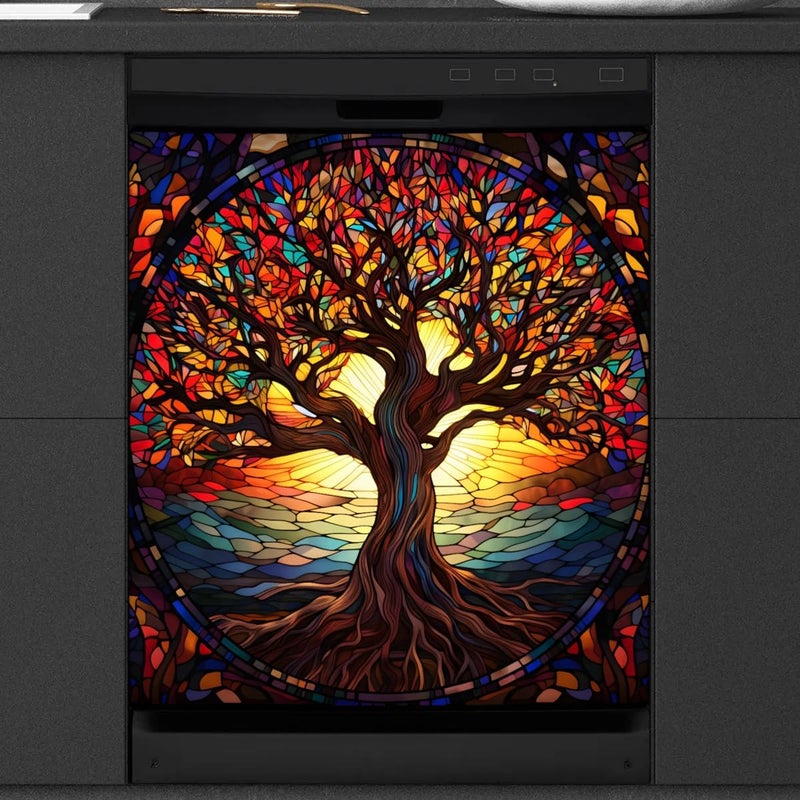cfpolar Dishwasher Magnet Cover Tree of Life Glass Painting Reusable Magnetic Door Cover Panel Decal Dishwasher Magnets Decorative Cover Refrigerator Kitchen Appliance Decor Front Dishwashers Covers 23" x 26" - Image 1