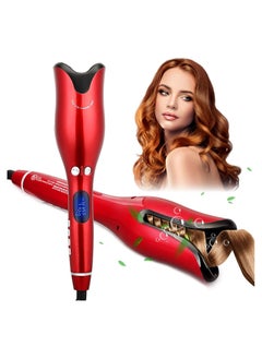 Automatic Hair Curling Iron with Ceramic Ionic Barrel, Smart Anti-Stuck, Auto Rotating Hair Curling Wand with Temperature Display and Timer, Professional Hair Curler Styling Tool - Red