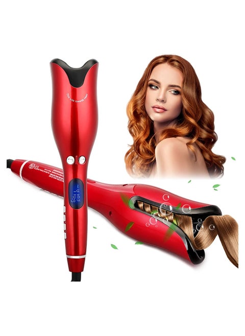 Automatic Hair Curling Iron with Ceramic Ionic Barrel, Smart Anti-Stuck, Auto Rotating Hair Curling Wand with Temperature Display and Timer, Professional Hair Curler Styling Tool - Red