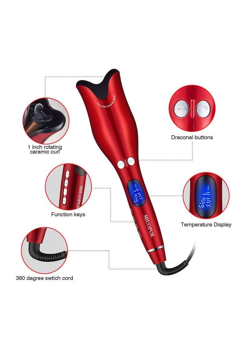 Generic - Automatic Hair Curling Iron with Ceramic Ionic Barrel, Smart Anti-Stuck, Auto Rotating Hair Curling Wand with Temperature Display and Timer, Professional Hair Curler Styling Tool - Red - Image 1