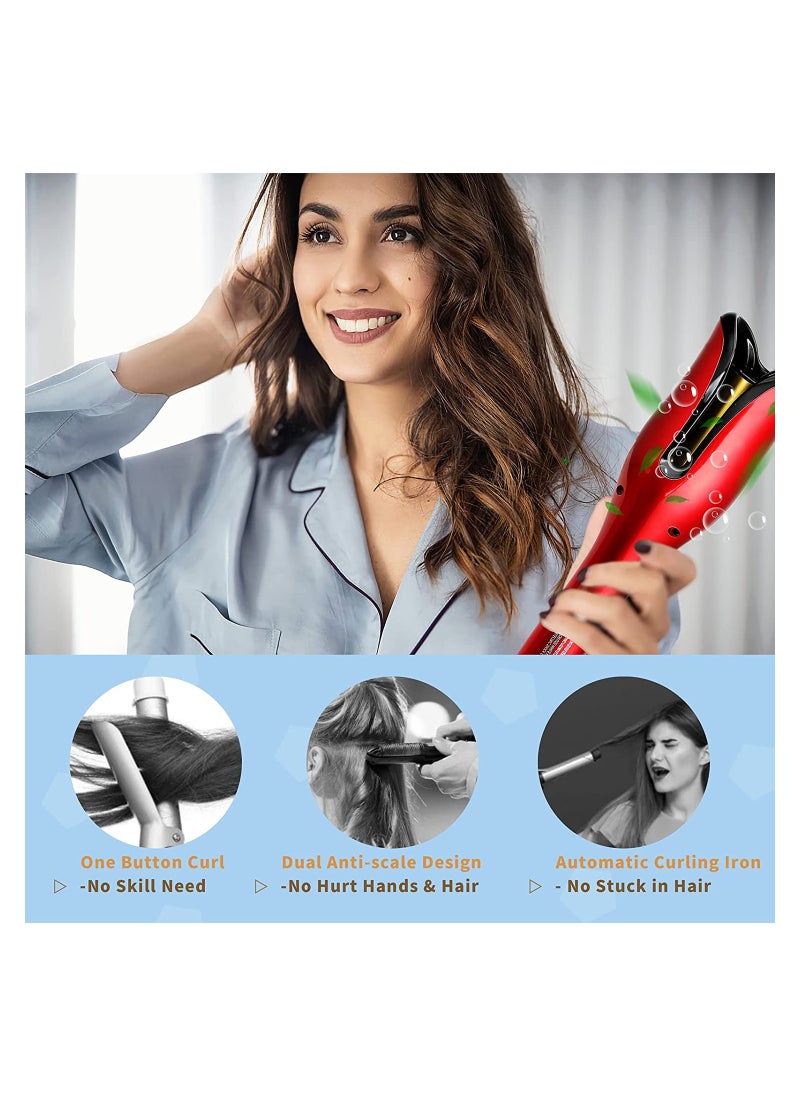 Generic - Automatic Hair Curling Iron with Ceramic Ionic Barrel, Smart Anti-Stuck, Auto Rotating Hair Curling Wand with Temperature Display and Timer, Professional Hair Curler Styling Tool - Red - Image 1