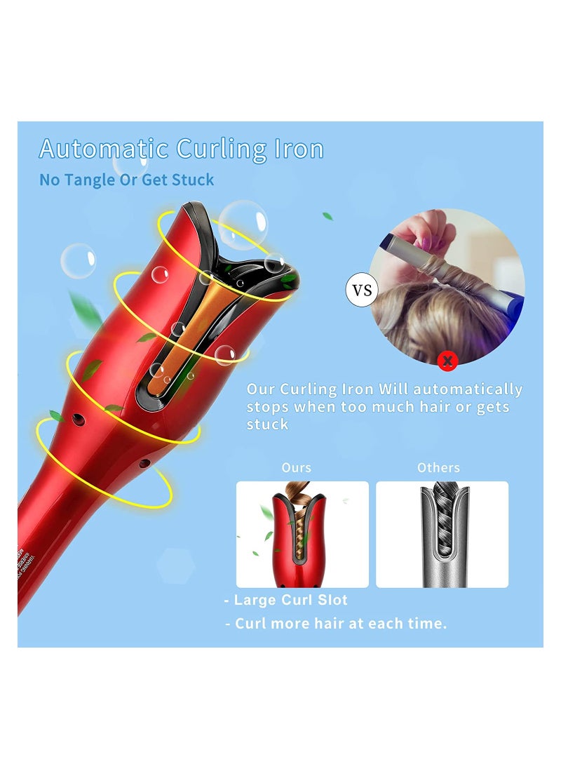 Generic - Automatic Hair Curling Iron with Ceramic Ionic Barrel, Smart Anti-Stuck, Auto Rotating Hair Curling Wand with Temperature Display and Timer, Professional Hair Curler Styling Tool - Red - Image 1
