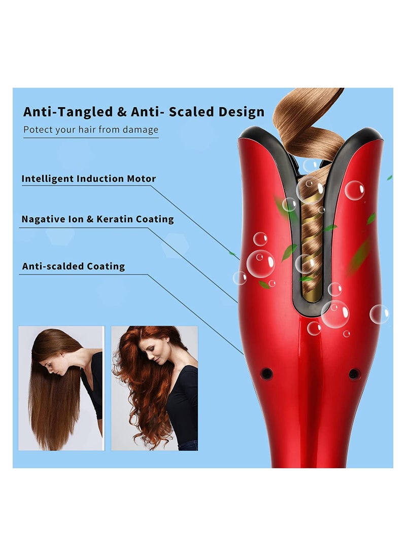 Generic - Automatic Hair Curling Iron with Ceramic Ionic Barrel, Smart Anti-Stuck, Auto Rotating Hair Curling Wand with Temperature Display and Timer, Professional Hair Curler Styling Tool - Red - Image 1