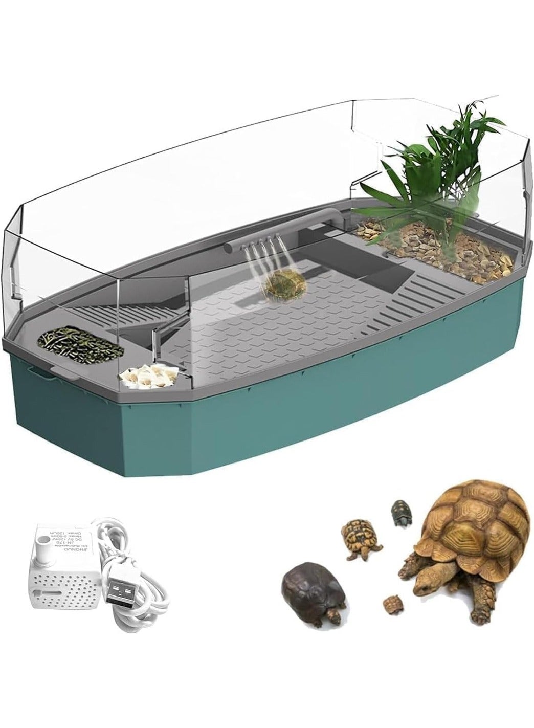 HELEE Turtle Tank with Adjustable Water Pump Filter, Full View Visually Large Tortoise Aquarium Habitat Easy Changing Water&Clean for Tortoise Small Amphibious Creatures Reptiles