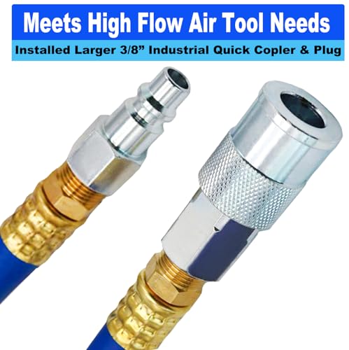 YOTOO Hybrid Air Hose 1/2-Inch I.D. by 50-Feet Long 3/8 inch MNPT Solid Brass Fittings 300 PSI Heavy Duty, Lightweight, Kink Resistant with 3/8" and 1/4" Industrial Quick Coupler Connectors, Blue - Image 4