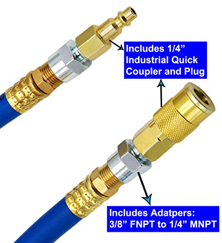 YOTOO Hybrid Air Hose 1/2-Inch I.D. by 50-Feet Long 3/8 inch MNPT Solid Brass Fittings 300 PSI Heavy Duty, Lightweight, Kink Resistant with 3/8" and 1/4" Industrial Quick Coupler Connectors, Blue - Image 5