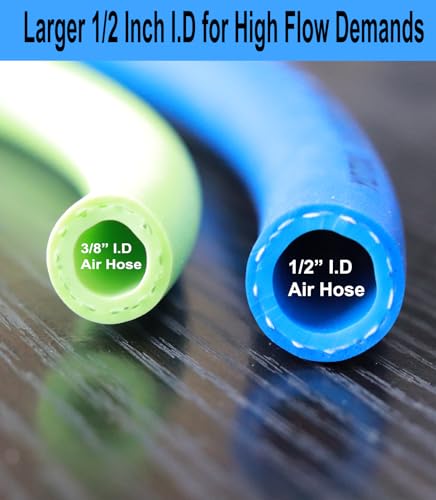 YOTOO Hybrid Air Hose 1/2-Inch I.D. by 50-Feet Long 3/8 inch MNPT Solid Brass Fittings 300 PSI Heavy Duty, Lightweight, Kink Resistant with 3/8" and 1/4" Industrial Quick Coupler Connectors, Blue - Image 3