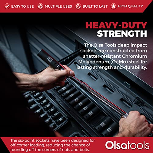 Olsa Tools 1/2-Inch Drive Deep Impact Socket Set - 15pc Metric Cr-Mo 6-Point (10mm to 24mm) - High Contrast Markings - Chrome Molybdenum - Premium Storage Case - Part: 1277 - Image 4