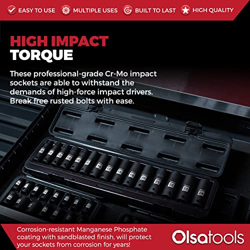 Olsa Tools 1/2-Inch Drive Deep Impact Socket Set - 15pc Metric Cr-Mo 6-Point (10mm to 24mm) - High Contrast Markings - Chrome Molybdenum - Premium Storage Case - Part: 1277 - Image 2