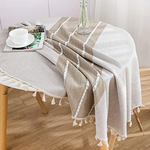 ColorBird Farmhouse Tablecloth Heavy Weight Stitching Tassel Cotton Linen Dust-Proof Table Cloth for Kitchen Dinning Tabletop Decoration (Round, 60 Inch, Linen) - Image 5