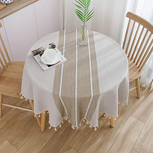 ColorBird Farmhouse Tablecloth Heavy Weight Stitching Tassel Cotton Linen Dust-Proof Table Cloth for Kitchen Dinning Tabletop Decoration (Round, 60 Inch, Linen) - Image 2