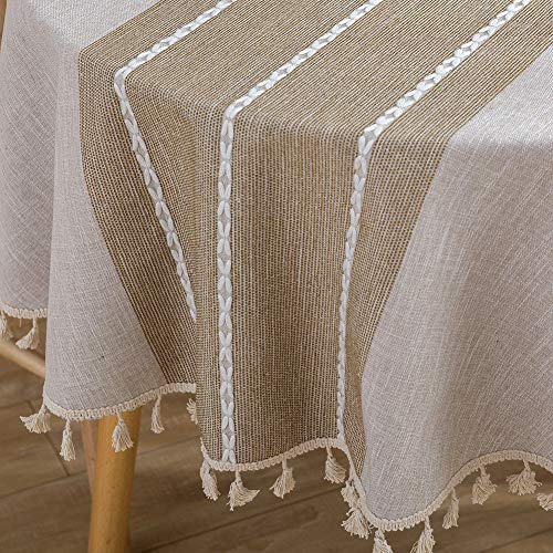 ColorBird Farmhouse Tablecloth Heavy Weight Stitching Tassel Cotton Linen Dust-Proof Table Cloth for Kitchen Dinning Tabletop Decoration (Round, 60 Inch, Linen) - Image 1