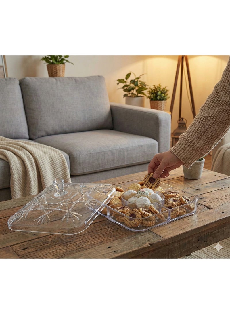 Acrylic Snack Organizer Square Divided 5 Sections with Lid for Nuts Biscuits Sweets and Dates Serving - Image 3