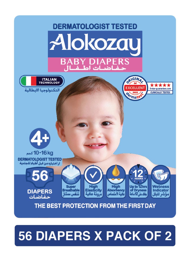 Alokozay - Premium Baby Diapers - Size 4+ (10-16 Kg )Mega Pack Baby Diapers - 56 Diapers X Pack of 2 - 112 Diapers Count - Image 1