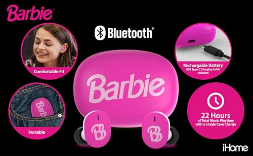 eKids Barbie Wireless Earbuds for Kids, Bluetooth Earbuds with Charging Case - Image 2