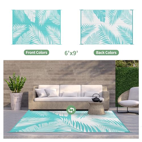 GENIMO Outdoor Rug 6 x 9 Waterproof for Patios Clearance Reversible Outdoor Plastic Straw Camping Rug Carpet Large Area Rugs Mats for RV Camper Deck Balcony Porch Beach Aqua BlueWhite - Image 3