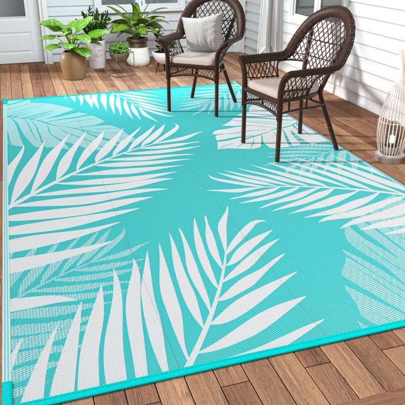 GENIMO Outdoor Rug 6 x 9 Waterproof for Patios Clearance Reversible Outdoor Plastic Straw Camping Rug Carpet Large Area Rugs Mats for RV Camper Deck Balcony Porch Beach Aqua BlueWhite - Image 2