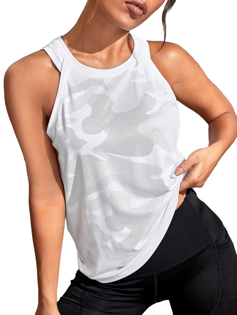OYOANGLE Women's Camo Print Sleeveless Workout Tank Tops Exercise Running Shirts Active Gym Yoga Tank Top White Large - Image 1