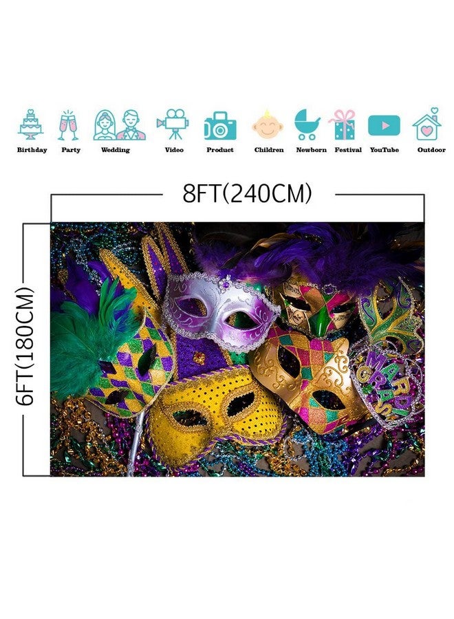 Qian Masquerade Backdrops Purple Gold Glitter Beads Mask Carnival Photography Backdrop Fiesta Mardi Gras Dance Photo Background Birthday Party Photo Booths Props Decorations Supplies Vinyl 8X6Ft - Image 4