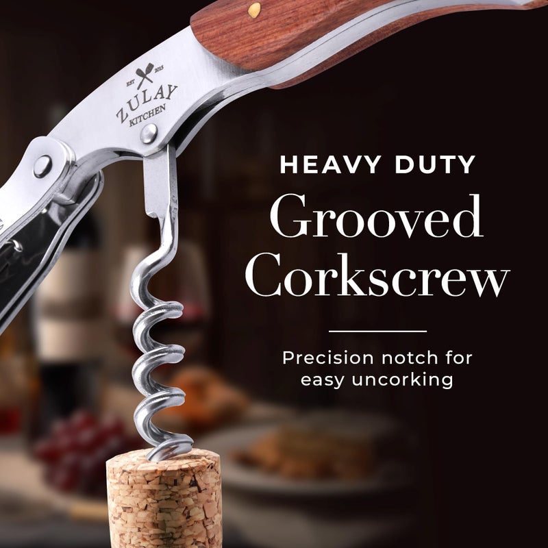 Zulay Kitchen Zulay Wine Opener - Professional Corkscrew Wine Opener with Foil Cutter & Cap Remover - Double Hinged Wine Bottle Opener - Manual Wine Key for Servers, Waiters, Bartenders & Home Use - Rosewood - Image 3