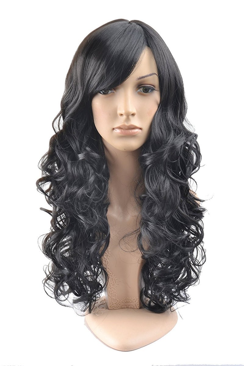 BERON Black Wig Long Wavy Wig Black Wig with Bangs for Women Black Wig Long Curly Wig Black Wig Synthetic Wig with Wig Cap - Image 3