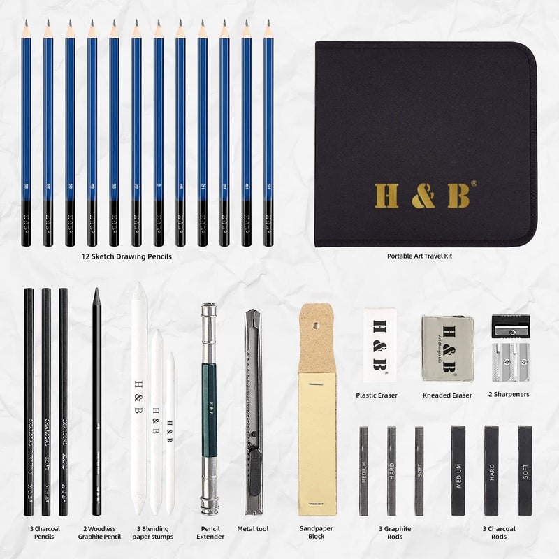 HB H & B Sketching Pencils Set Drawing and Sketch Kit 32-Piece Set with Pencils, Erasers, Graphite Stick, Sandpaper Block, Pencil Sharpener Hardened processed substance - Image 2