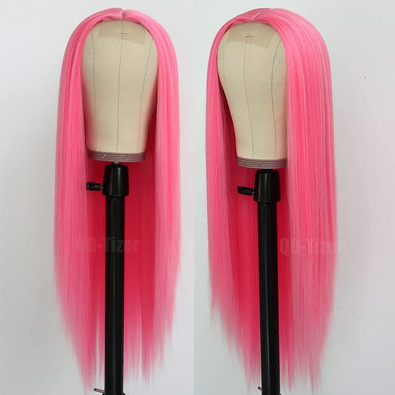 QD-Tizer Pink Synthetic Hair Wigs Natural Red Pink Mixed Long Straight Hair Heat Resistant Synthetic Wigs for Fashion Women - Image 2