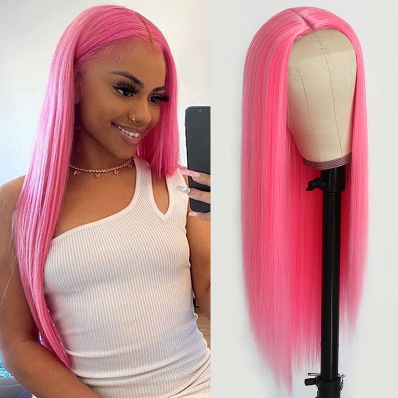 QD-Tizer Pink Synthetic Hair Wigs Natural Red Pink Mixed Long Straight Hair Heat Resistant Synthetic Wigs for Fashion Women - Image 3