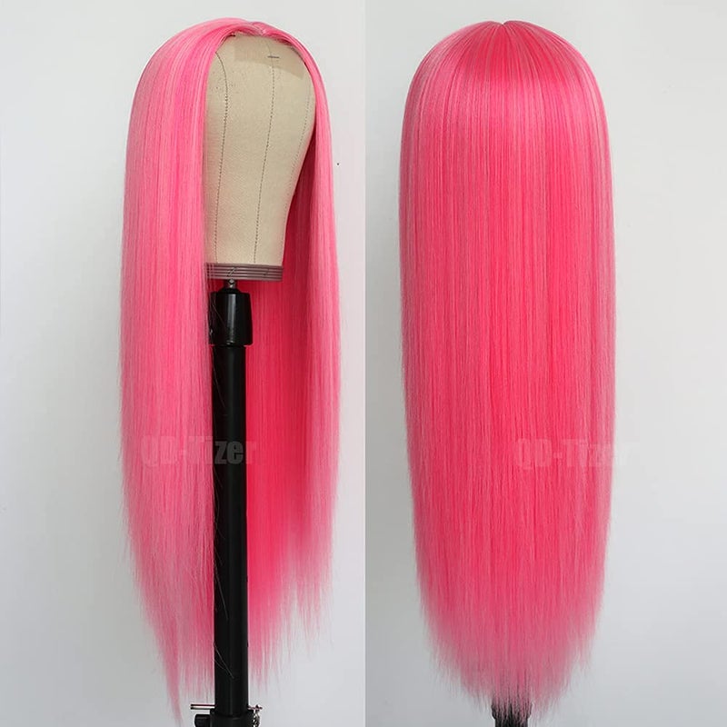QD-Tizer Pink Synthetic Hair Wigs Natural Red Pink Mixed Long Straight Hair Heat Resistant Synthetic Wigs for Fashion Women - Image 4
