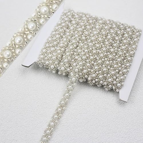 PEARLY JUN 2 Yards Pearl Beaded Trim Bead Lace Border White Edge Ribbon Strips for Sewing Wedding Dress Applique Bridal Straps Embellishments Decoration (White White, 2 Yards) - Image 1