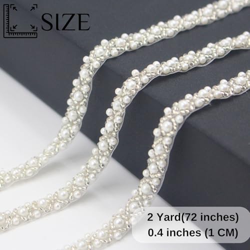 PEARLY JUN 2 Yards Pearl Beaded Trim Bead Lace Border White Edge Ribbon Strips for Sewing Wedding Dress Applique Bridal Straps Embellishments Decoration (White White, 2 Yards) - Image 2