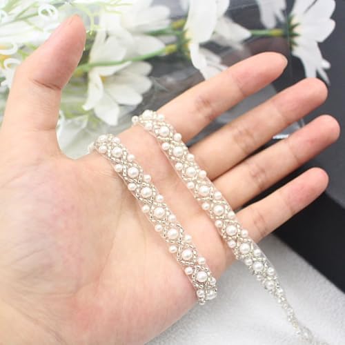 PEARLY JUN 2 Yards Pearl Beaded Trim Bead Lace Border White Edge Ribbon Strips for Sewing Wedding Dress Applique Bridal Straps Embellishments Decoration (White White, 2 Yards) - Image 3