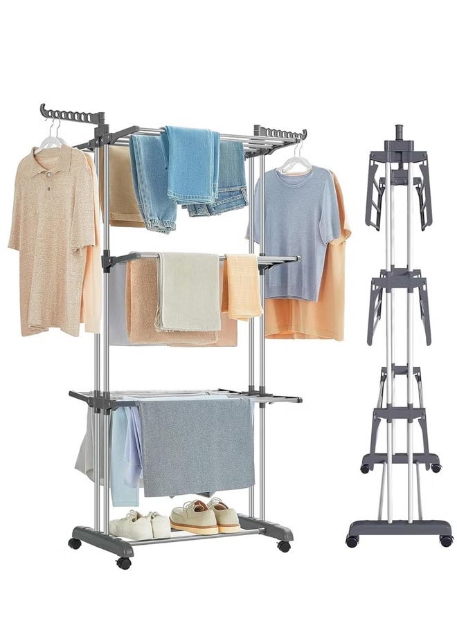 Taimi Foldable 4 Tier Clothes Drying Rack for Laundry Rolling Black/Grey - Image 2