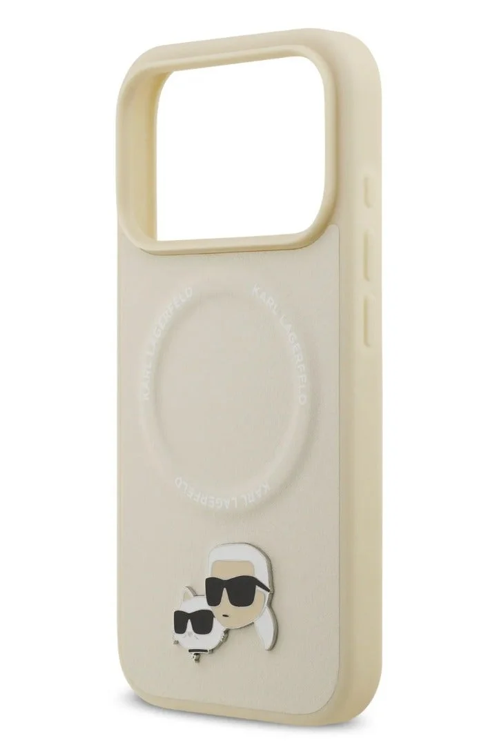 Karl Lagerfeld iPhone 17 Pro MagSafe Case / PU Leather Case With Karl &amp; Choupette Head Pins / Beige