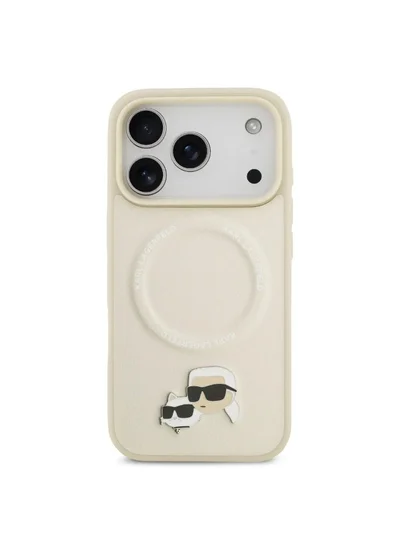 كارل لاغرفيلد جراب ماج لهاتف iPhone 17 Pro / جراب من جلد البولي يوريثان مع دبابيس رأس كارل وشوبيت / بيج