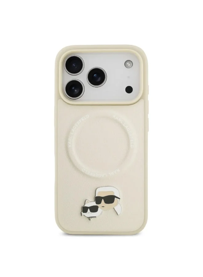 Karl Lagerfeld iPhone 17 Pro MagSafe Case / PU Leather Case With Karl &amp; Choupette Head Pins / Beige