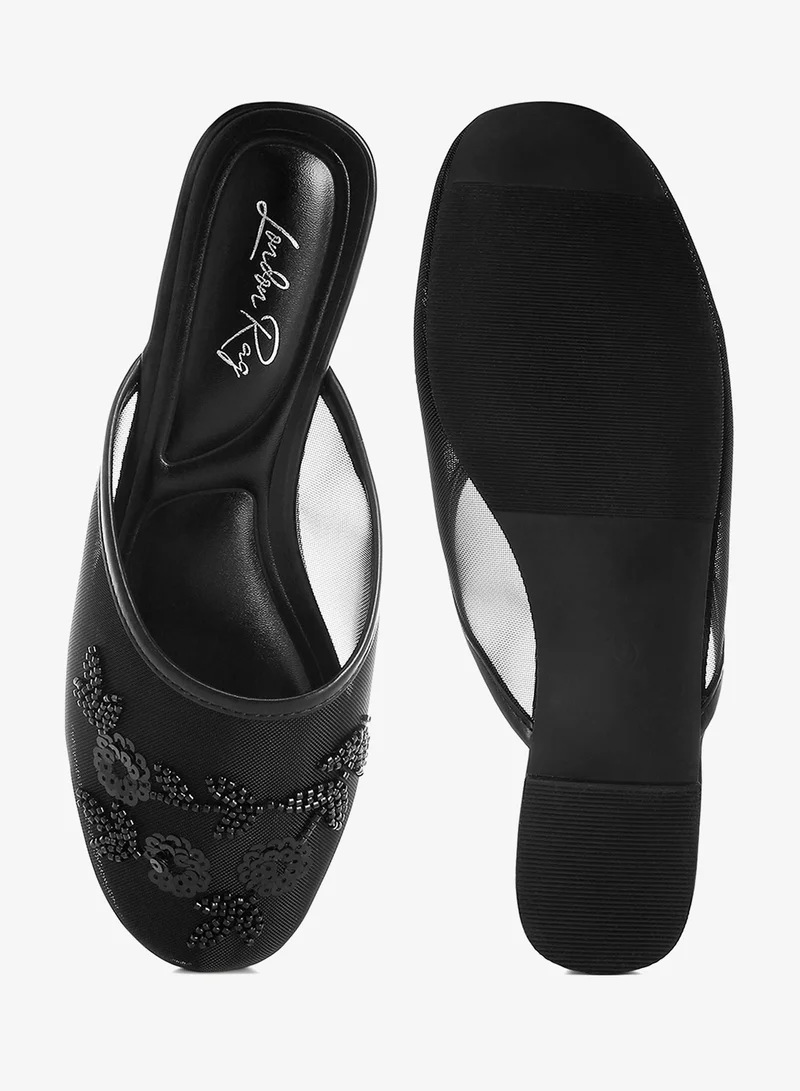 London Rag Black Mesh Sequin Beaded Mules in Black for Women | Best Price UAE