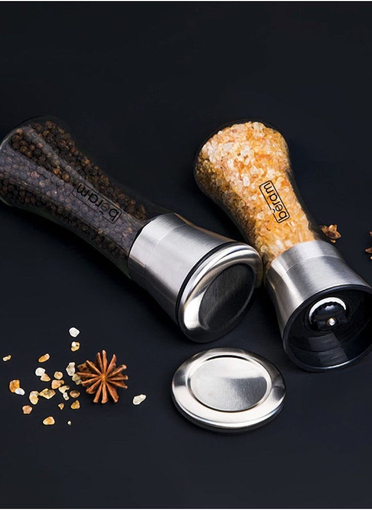 Beram Salt and Pepper Grinder Set, Stainless Steel Mills with Tall Glass Body, Manual, Adjustable Coarseness for Sea Salt, Black Pepper, Spices, Dual and Multipurpose, Perfect for Home Kitchens & Restaurants, Elegant and Functional Design  - Image 4
