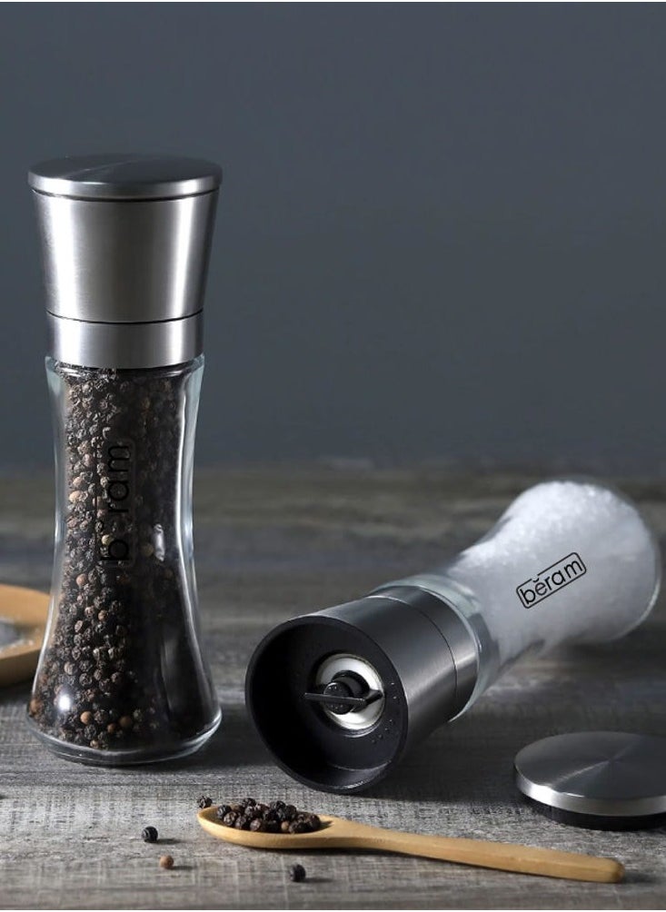 Beram Salt and Pepper Grinder Set, Stainless Steel Mills with Tall Glass Body, Manual, Adjustable Coarseness for Sea Salt, Black Pepper, Spices, Dual and Multipurpose, Perfect for Home Kitchens & Restaurants, Elegant and Functional Design  - Image 3