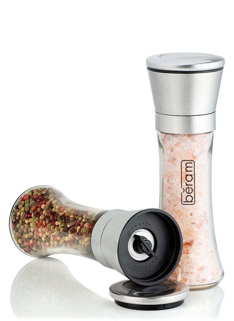 Beram Salt and Pepper Grinder Set, Stainless Steel Mills with Tall Glass Body, Manual, Adjustable Coarseness for Sea Salt, Black Pepper, Spices, Dual and Multipurpose, Perfect for Home Kitchens & Restaurants, Elegant and Functional Design  - Image 1