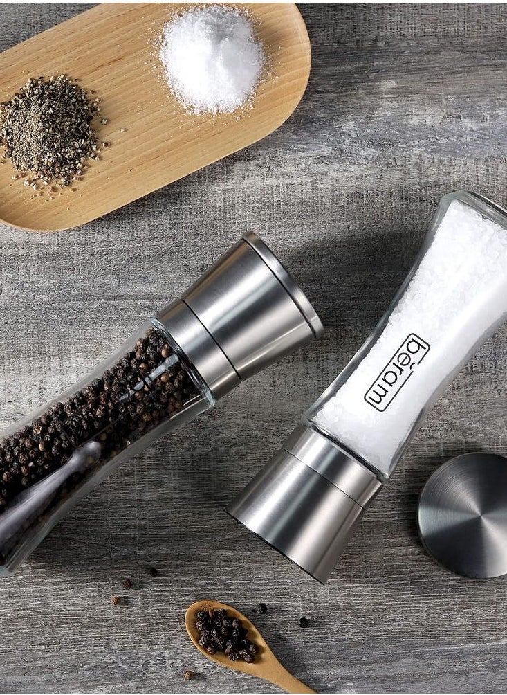 Beram Salt and Pepper Grinder Set, Stainless Steel Mills with Tall Glass Body, Manual, Adjustable Coarseness for Sea Salt, Black Pepper, Spices, Dual and Multipurpose, Perfect for Home Kitchens & Restaurants, Elegant and Functional Design  - Image 5