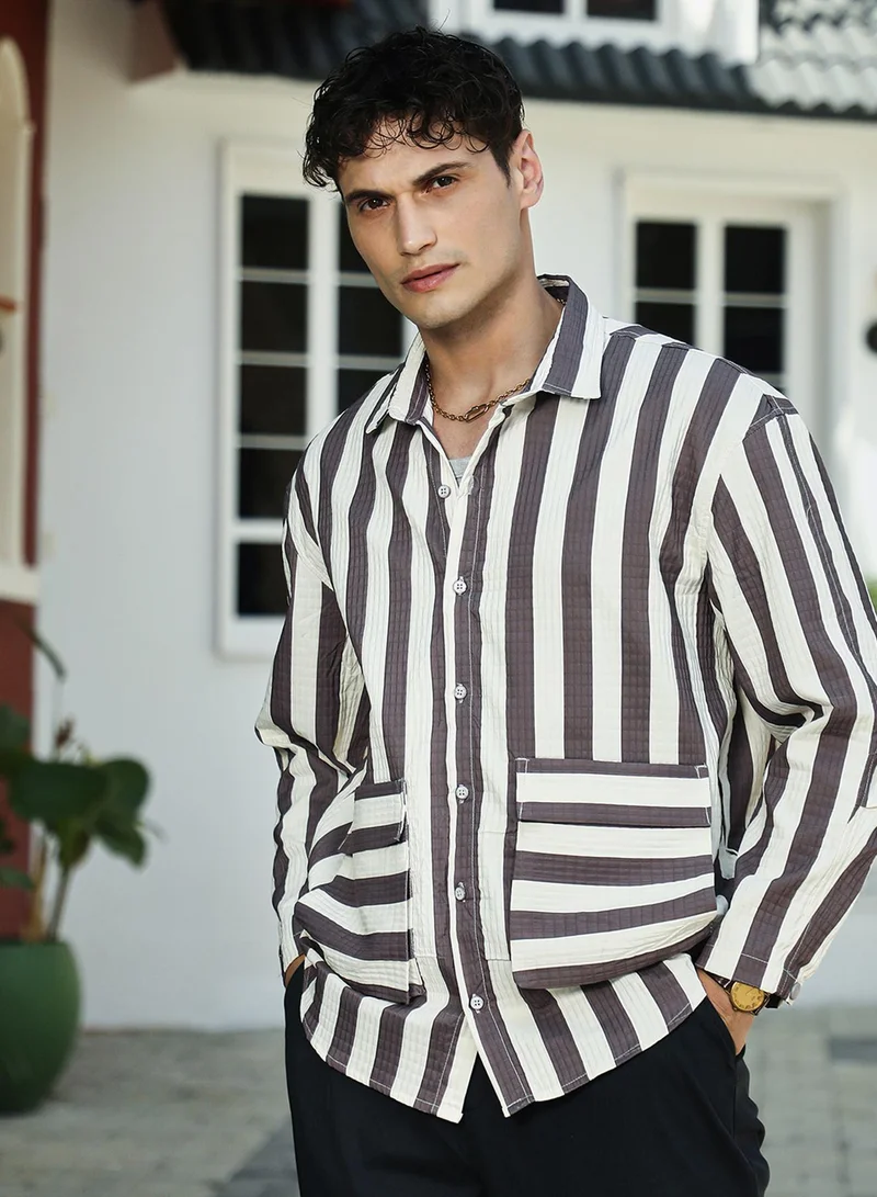 Campus Sutra Campus Sutra Men's Brown & White Candy-Striped Utility Oversized Shirt For Casual Wear | Spread Collar | Long Cuff Sleeve | Button Closure | Oversized Shirt Crafted With Comfort Fit For Everyday Wear