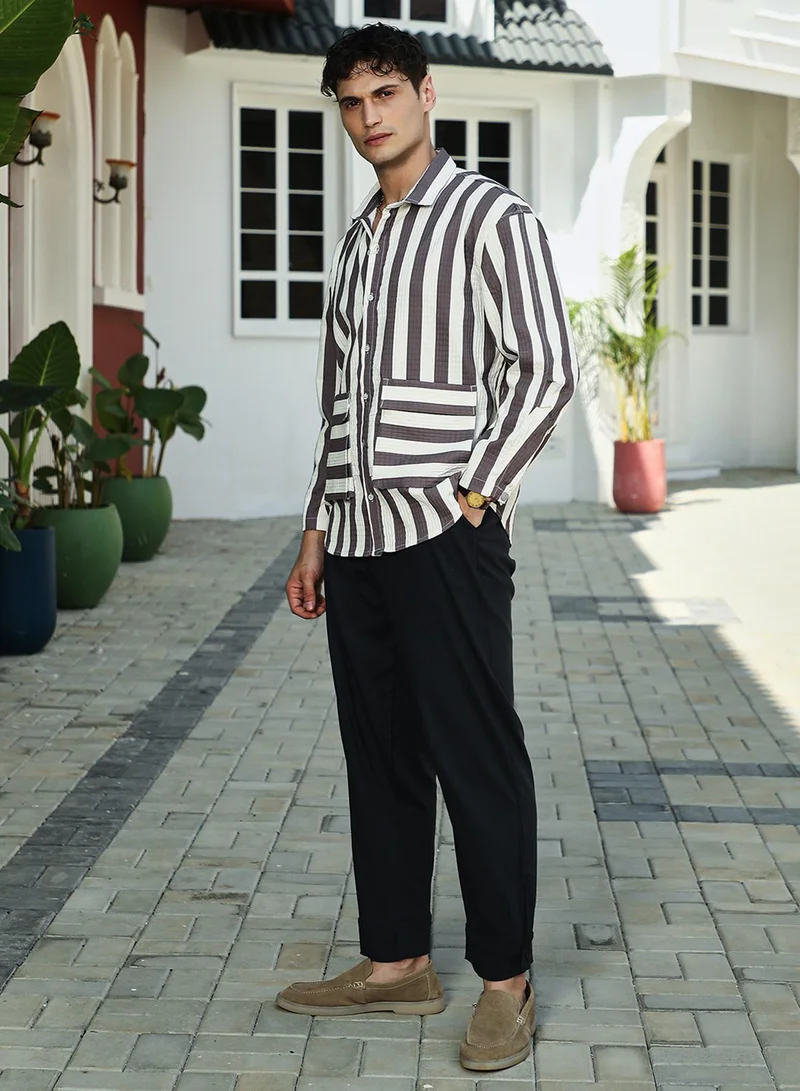 Campus Sutra Campus Sutra Men's Brown & White Candy-Striped Utility Oversized Shirt For Casual Wear | Spread Collar | Long Cuff Sleeve | Button Closure | Oversized Shirt Crafted With Comfort Fit For Everyday Wear