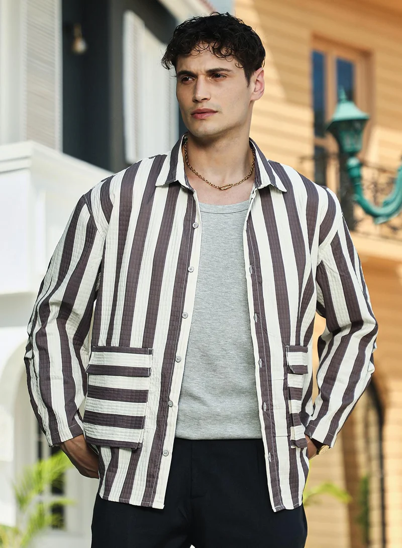 Campus Sutra Campus Sutra Men's Brown & White Candy-Striped Utility Oversized Shirt For Casual Wear | Spread Collar | Long Cuff Sleeve | Button Closure | Oversized Shirt Crafted With Comfort Fit For Everyday Wear