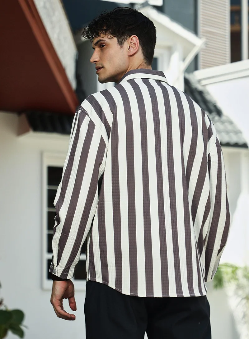 Campus Sutra Campus Sutra Men's Brown & White Candy-Striped Utility Oversized Shirt For Casual Wear | Spread Collar | Long Cuff Sleeve | Button Closure | Oversized Shirt Crafted With Comfort Fit For Everyday Wear