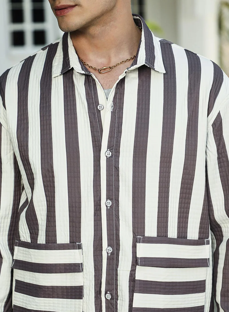 Campus Sutra Campus Sutra Men's Brown & White Candy-Striped Utility Oversized Shirt For Casual Wear | Spread Collar | Long Cuff Sleeve | Button Closure | Oversized Shirt Crafted With Comfort Fit For Everyday Wear