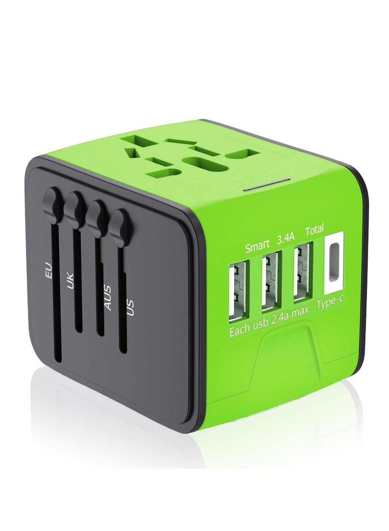 Captaintech Universal Travel Adapter, International Power Adapter with 3USB + 1Type C Ports, European Adapter Worldwide AC Outlet Plugs Travel Charger for Europe UK US AU Asia 200+ Countries, Green - Image 1