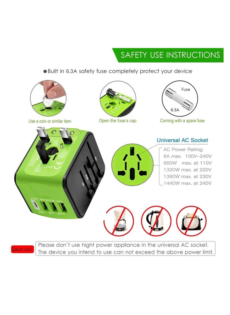 Captaintech Universal Travel Adapter, International Power Adapter with 3USB + 1Type C Ports, European Adapter Worldwide AC Outlet Plugs Travel Charger for Europe UK US AU Asia 200+ Countries, Green - Image 5
