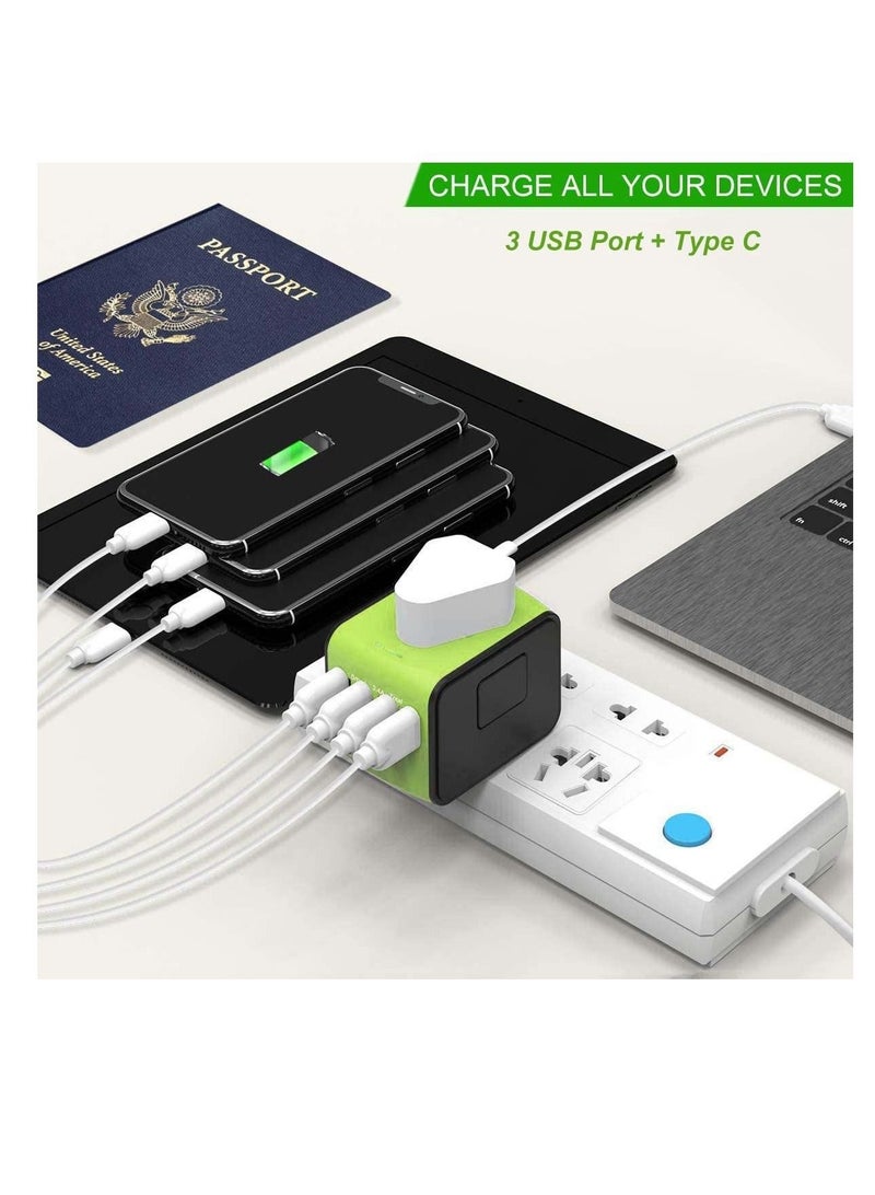 Captaintech Universal Travel Adapter, International Power Adapter with 3USB + 1Type C Ports, European Adapter Worldwide AC Outlet Plugs Travel Charger for Europe UK US AU Asia 200+ Countries, Green - Image 3