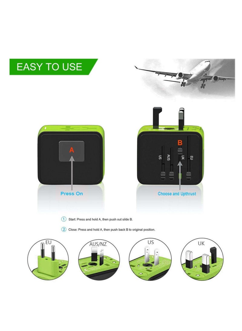 Captaintech Universal Travel Adapter, International Power Adapter with 3USB + 1Type C Ports, European Adapter Worldwide AC Outlet Plugs Travel Charger for Europe UK US AU Asia 200+ Countries, Green - Image 4